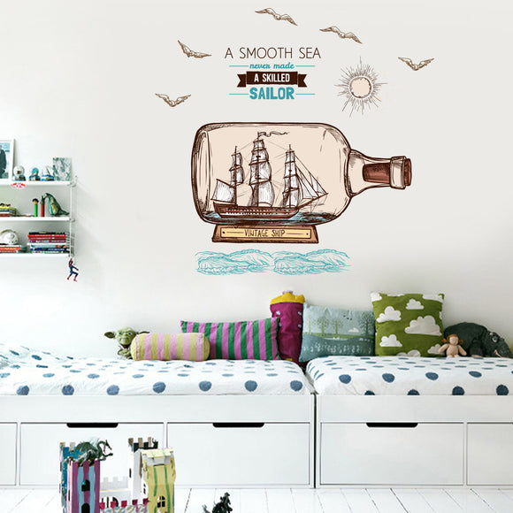 Miico Creative Cartoon Sea Drift Bottle Sailboat PVC Removable Home Room Decorative Decor Sticker