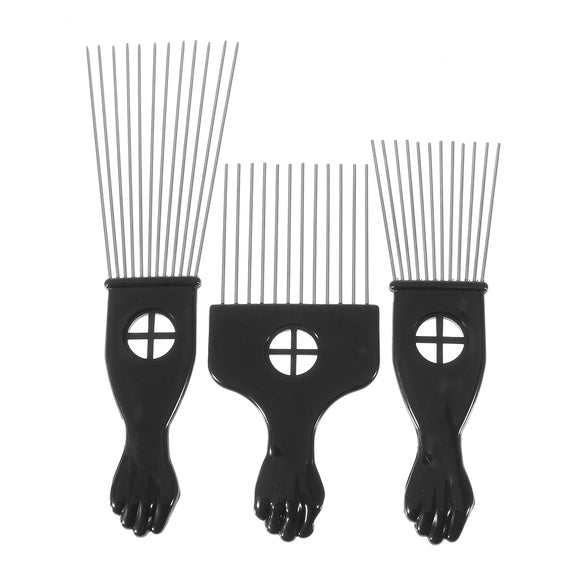 3Pcs Afro Comb Set Black Fist Handle Metal African Curly Hair Inserted Pick Comb Massage Tools