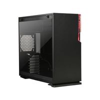 In Win ci698 101 mid tower chassis - blacK with tool-less full-sized tempered glass side panel , red LED logo on front panel , no psu ( rear-top positioned chamber ) ,