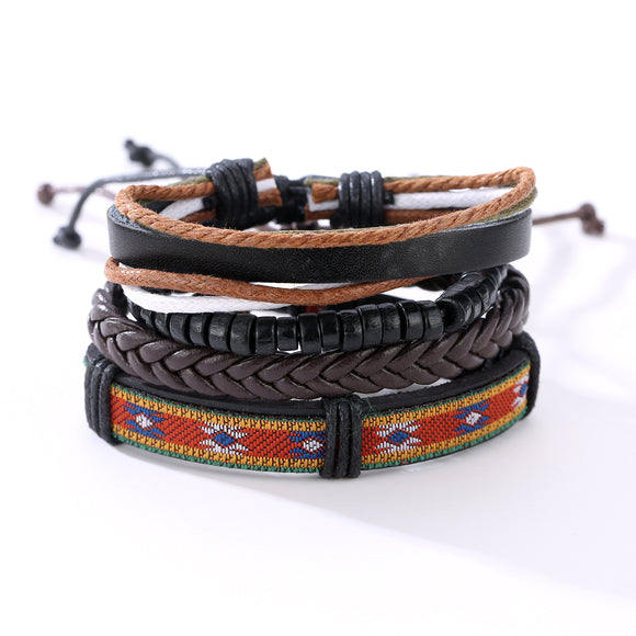 Vintage Adjustable Multilayer Braided Weave Leather Bracelet Wood Beaded Wristhand for Men