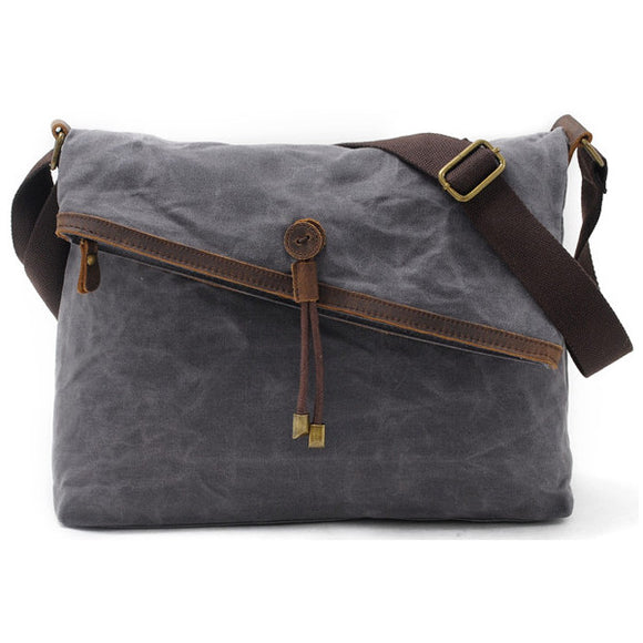 Genuine Leather Retro Shoulder Bags Gray Button Canvas Crossbody Bags Messenger Bags