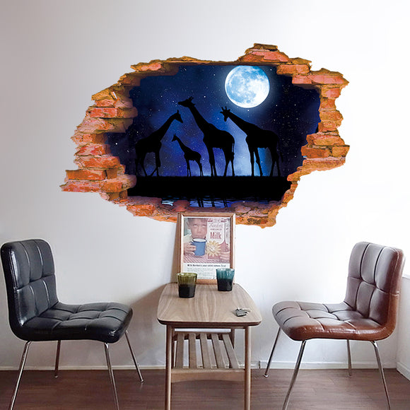 Miico Creative 3D Moon Night Giraffe Broken Wall Removable Home Room  Decor Sticker