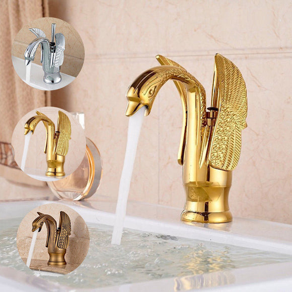 Luxury Gold Swan Bathroom Basin Mixer Tap Faucet Single Lever Hot and Cold Spout