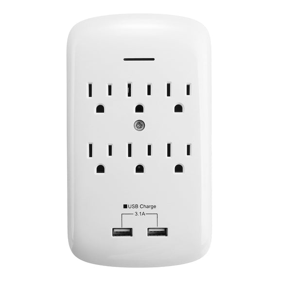 3.1A 6-Outlet Surge Protector Wall Mount Adapter with 2 USB Charging Ports US Socket