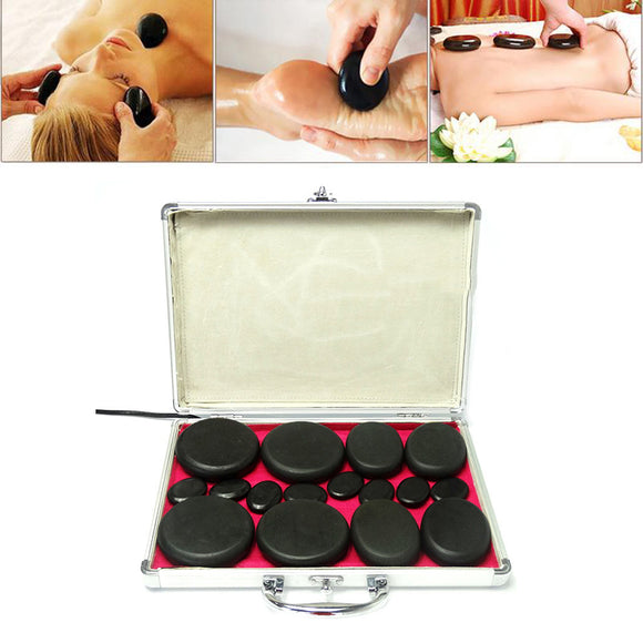 16Pcs Natural Energy Hot Stone Set Massage Stone Heater Box Kit Home Spa Relaxing Pain Relief Healing