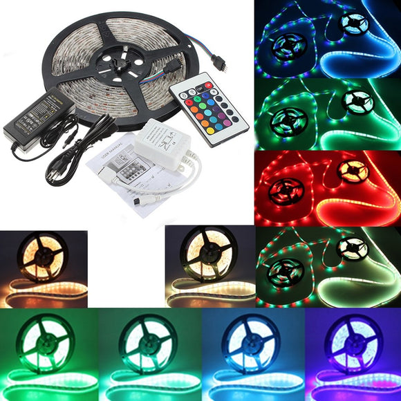 DC12V 5M 5050 RGB Waterproof 300 LED Strip Light Kit + 24 Key IR Controller + 5A US Power Supply