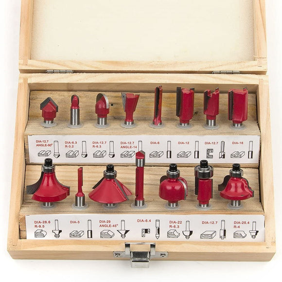 15Pcs Router Bits Set 1/4 Shank Tungsten Carbide Milling Cutter Tools Kit With Wooden Case