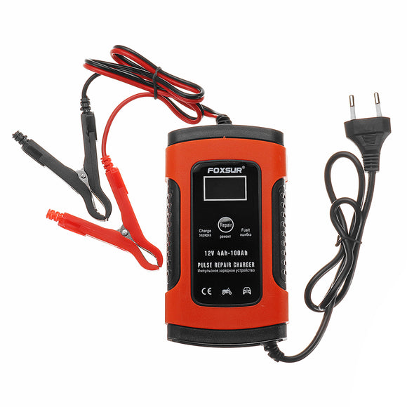 FOXSUR 12V 5A Pulse Repair LCD Battery Charger Red For Car Motorcycle Agm Gel Wet Lead Acid Battery