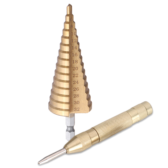 Drillpro 4-32mm Titanuim Coated HSS Step Drill Bit with Automatic Center Pin Punch