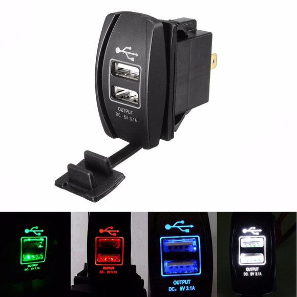 12-24V 3.1A USB Charger LED Backlit Light Rocker Switch Panel Dual 2 Port