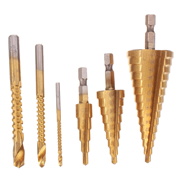 Drillpro 6Pcs 4-12/4-20/4-32mm Step Drill Bit with 3/6/8mm Hole Grooving Drill Bits Saw Carpenter Woodworking Tool
