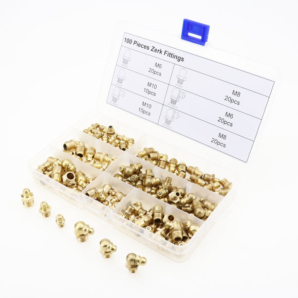 100pcs Hydraulic Brass Zerk Grease Nipple Fitting Assortment M6/M8/M10 Machinery Parts