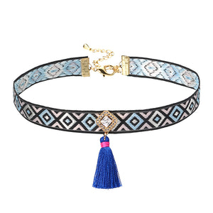 JASSY Bohemian Multicolor Embroidery Choker Gold Plated White Zircon Blue Tassel Necklace