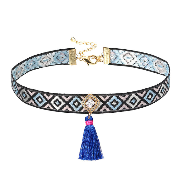 JASSY Bohemian Multicolor Embroidery Choker Gold Plated White Zircon Blue Tassel Necklace