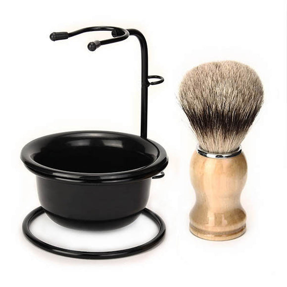 3 in 1 Men's Shaving Set Drip Brush Stand + Badger Hairbrush + Plastic Bowl Mug