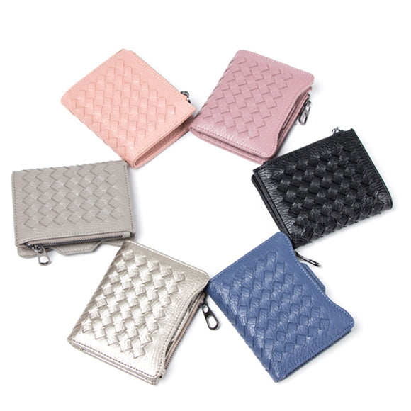 Women PU Leather Woven Pattern Short Wallet Credit Card Holder Coins Bag