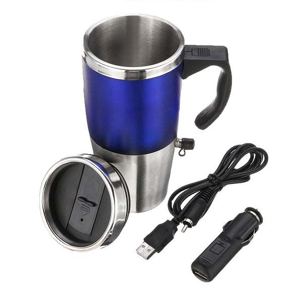 12V 15oz Electric Car Heated Stainless Steel Tumbler Insulated Mug Travel Cup