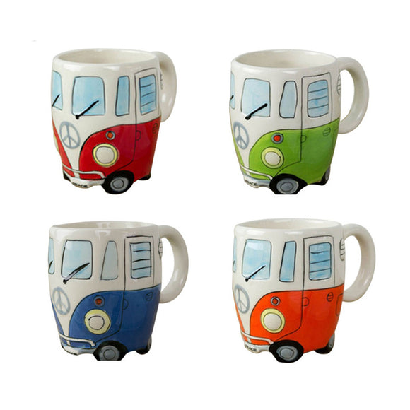 Cartoon Double Bus Mug Funny Hand Painting Retro Ceramic Cup Coffee Milk Tea Cup Drinkware