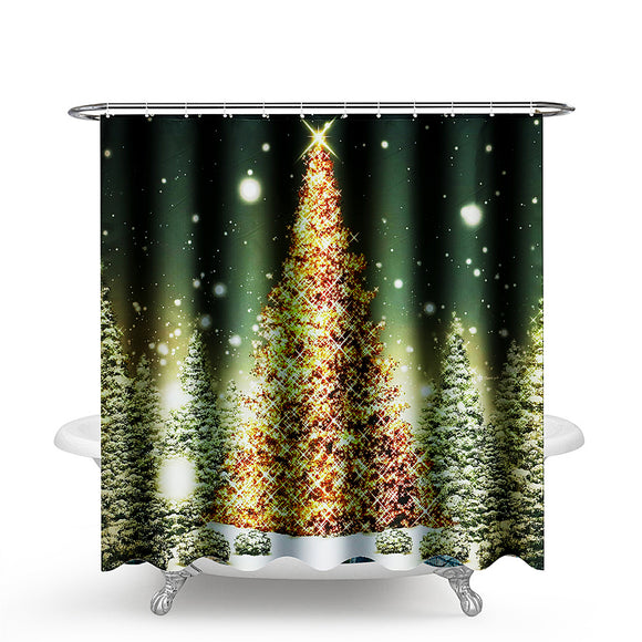 1.8M Christmas Waterproof Bathroom Shower Curtain Gold Xmas Tree Decor 12 Hook
