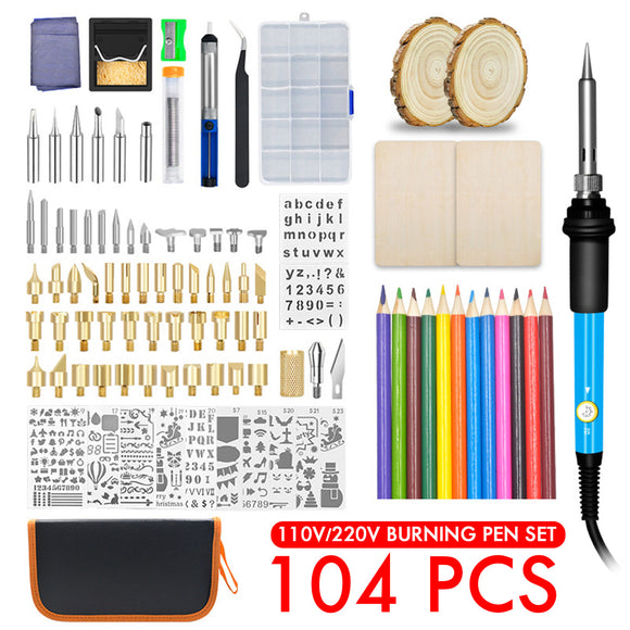 104PCS 110V/220V Wood Burning Pen Set Stencil Soldering Iron Tips Tools Pyrography Kit