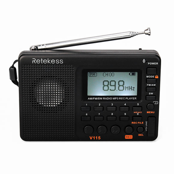 Retekess F9204D TIVDIO FM Radio V-115 FM/AM/SW Radio Bass Sound MP3 Player REC Voice Recorder with Sleep Timer