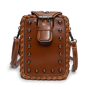 Women Pu Leather Punk Style Cell Phone Bag Vintage Crossbody Bag Shoulder Bag