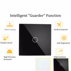 AC100-250V 2 Way 1 Gang Tempered Glass Hand Touch Light Home Wall Switch Panel