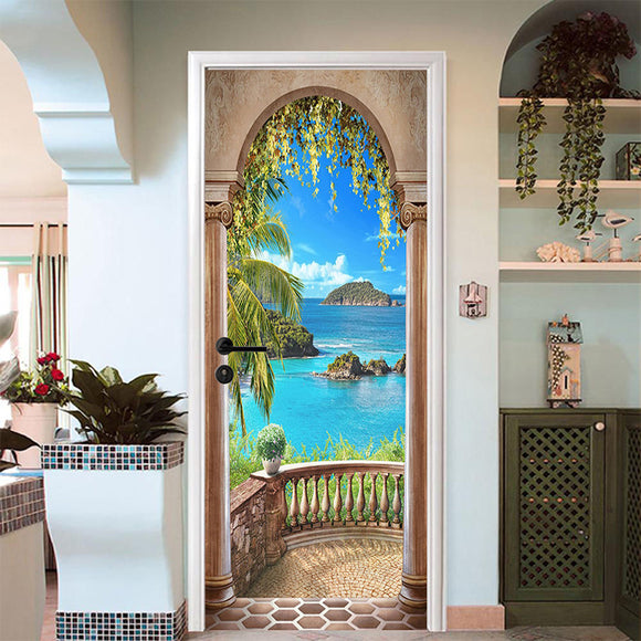 3D Sea Balcony Arch Door Wall Sticker Self-adhesive Mural Photo Wall Decal
