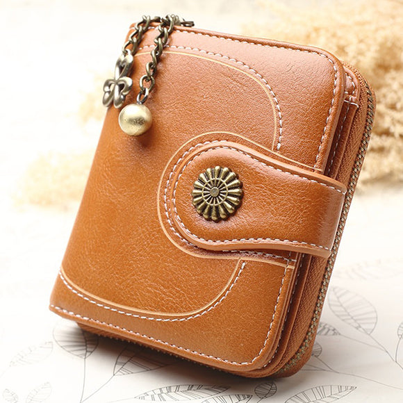 Women's Oil Wax Purse Three Fold Coin Bag Clutch Wallet