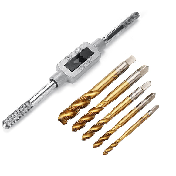 Drillpro M3-M12 Hand Spanner with 5pcs Titanium Coated M3-M8 Spiral Screw Tap Set