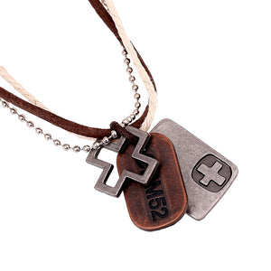 Unisex Hemp Rope Punk Necklace Cross Hangtag Pendants Multilayer Necklace