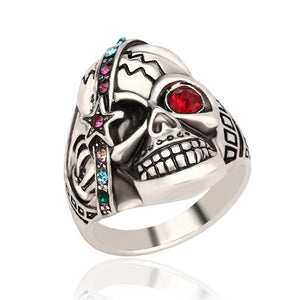 Vintage Halloween Men Jewelry Skull Head Punk Multicolor Rhinestone Ring for Men
