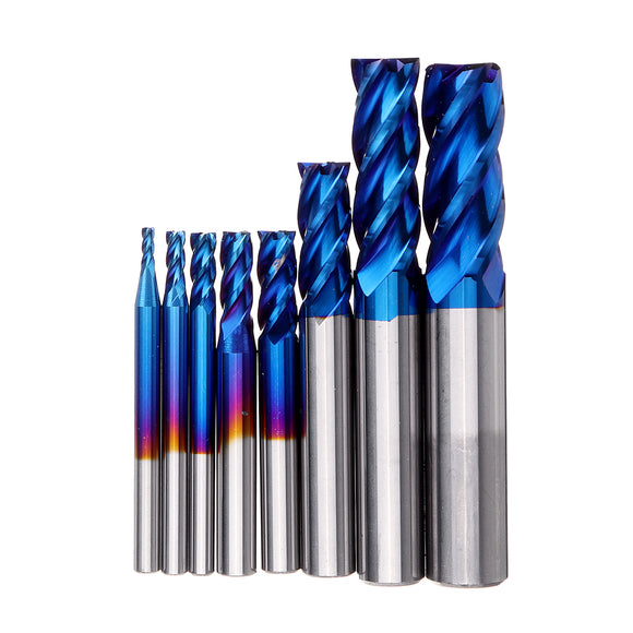 Drillpro 8PCS HRC55 Blue Nano Tungsten Carbide 4 Flute End Mill Set R1-R6 Milling Cutter CNC Router Bits for Metal Wood Stainless Steel Aluminum Copper Plastic Acrylic