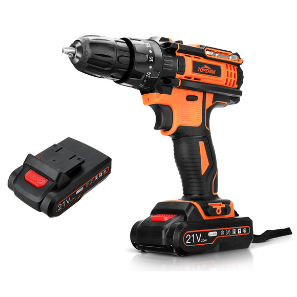 TOPSHAK TS-ED2 21V Brushed Cordless Impact Drill 2000mAh Rechargeable 2 Speeds LED Electric Drill W/ 1/2pcs Battery