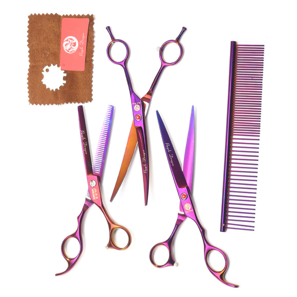 7Inch Pet Grooming Scissors Set Double-Curved Straight Thinning Cat Dog Fur Shaver with Zipper Case