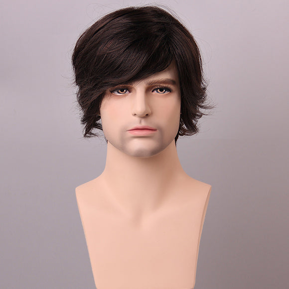 Fluffy Medium Brown Men Human Hair Wig Male Mono Top Virgin Remy Capless Side Bang