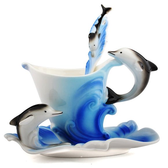 Dolphin Ceramic Mug Coffee Tea Milk Cup Spoon Saucer Set Office Home Party Tea Cup Tray Porcelain D