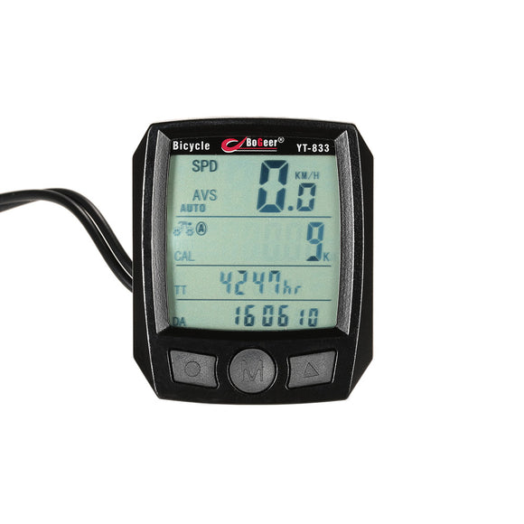 Bogeer YT-833 Large Screen Backlight Waterproof Bike Computer Speedometer Stopwatch Calendar Black