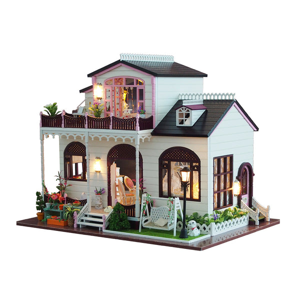 DIY Bowness Town Miniature Wooden Doll House Furniture Model LED Light Toys Gift