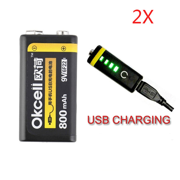 2PCS OKcell 9V 800mAh USB Rechargeable Lipo Battery for RC Helicopter Model Microphone