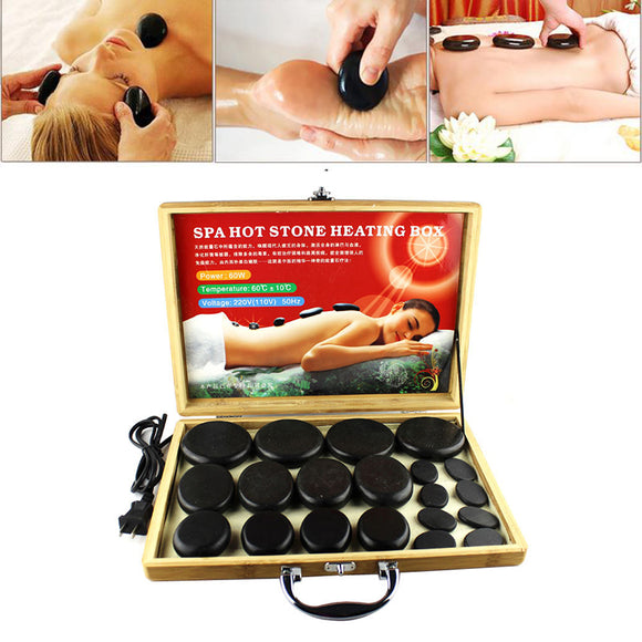 KCASA 20Pcs Natural Energy Hot Stone Set Massage Stone Heater Box Kit Spa Rock Basalt