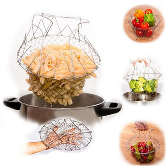 Stainless Steel Foldable Chef Basket Fried Potato Chips Strainer Outdoor BBQ Picnic Accessories