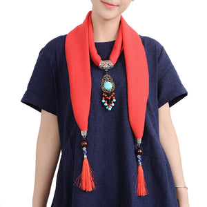 Ethnic Women Necklace Multifunction Cotton Scarf Bohemian Turquoise Bead Tassel Clothing Accessories
