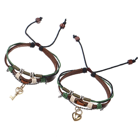 1 Pair Trendy Lock and Key Pendant Lover's Charm Leather Couple Bracelet Valentine's Day Gift