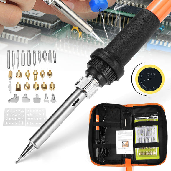 28Pcs 220V 60W Adjustable Temperature Solder Iron Tool Kit Wood Burning Pen  Assorted Tips Set