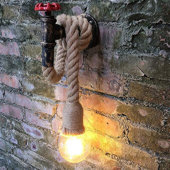 Vintage Industrial Water Pipe Wall Lamp Sconce Hemp Rope Pendant Light Fixture