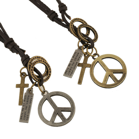 Punk Cross Peace Symbol Pendant Leather Necklace for Women Men