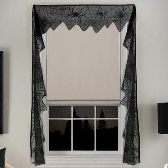 Gothic Black Lace Bat Curtains Valance Halloween Haunted House Spiderweb