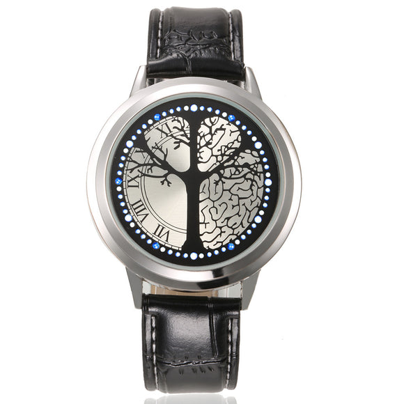 Touch Screen LED Waterproof Personality Tree Shaped Dial Leather Strap Lover Men Women Watch