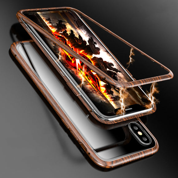 Luphie Wood Pattern Magnetic Adsorption Metal Tempered Glass Protective Case For iPhone X
